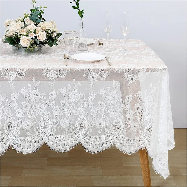 White Lace Tablecloth Rectangle Vintage Embroidered Lace Table Cover for Wedding