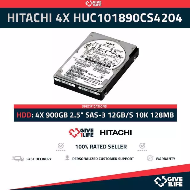 Hitachi 4X Huc101890Cs4204 900Gb Hdd 2.5" Sas-3 12Gb/S 10K 128Mb