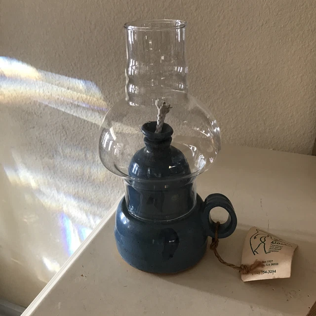 Vintage Oil Lamp Hand Made Pottery By J.Davis Includes A Glass Chimney