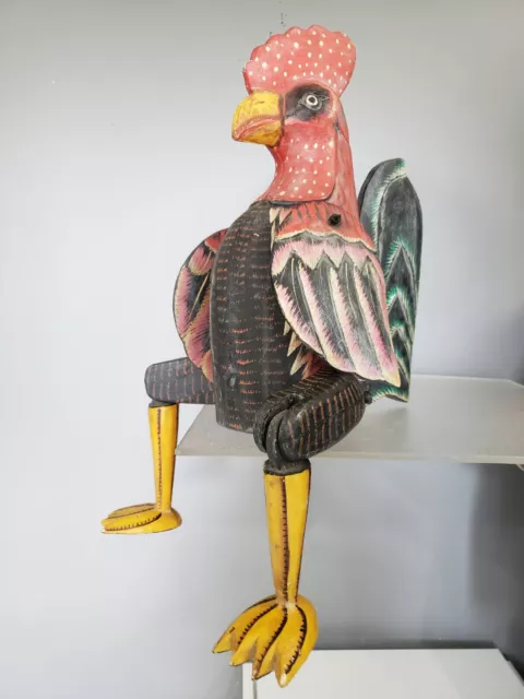 Carved Wooden Rooster Hand Painted Hinged Joint Shelf Sitter Figurine Folk Art