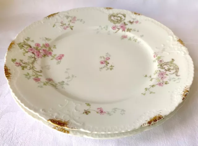 2 Theodore Haviland Limoges Lunch Plates, Schleiger 144, Pink Roses, Gold Daubs