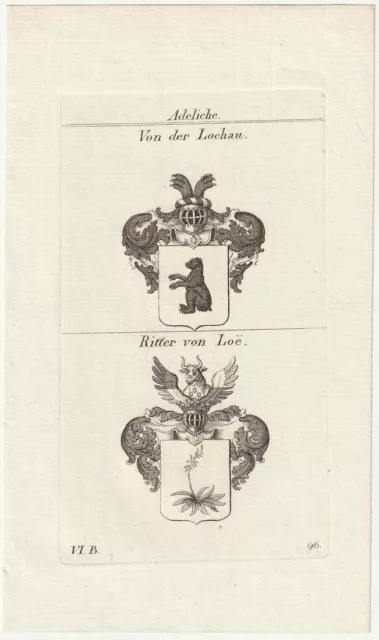 c1820 von der Lochau / Ritter von Loe * Adel Heraldik Kupferstich mit 2 Wappen