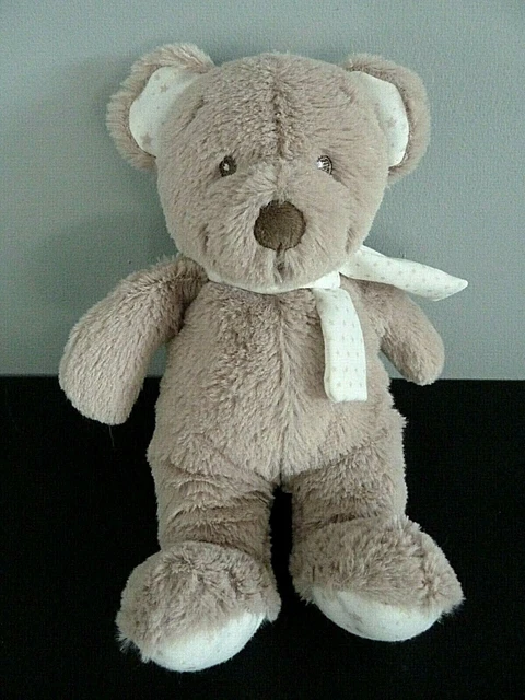 *. DOUDOU PELUCHE POMMETTE OURS BEIGE TAUPE ECHARPE BLANC ETOILE 26 c NEUF*