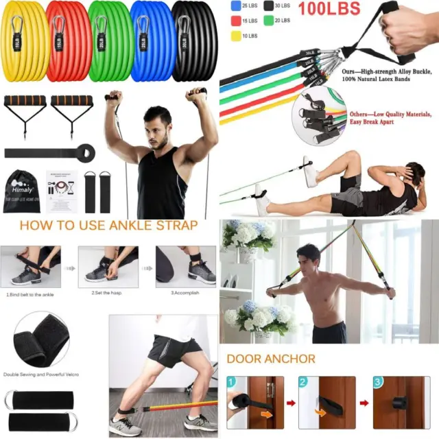 Resistance Bands Set (12pcs), Workout with Handles, 10-100 LBS Assorted