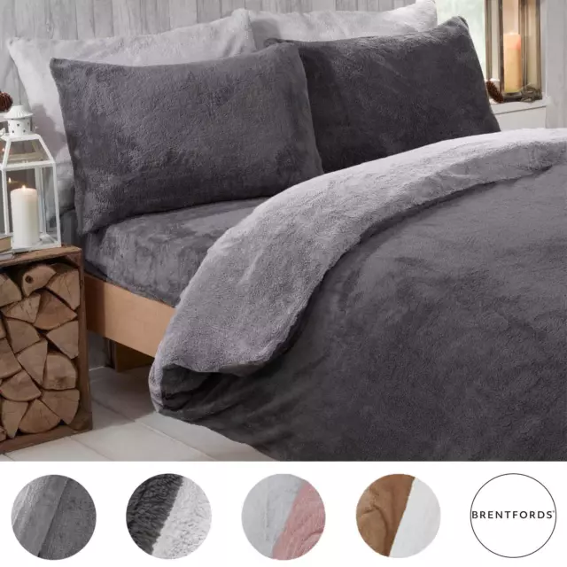 Brentfords Reversible Teddy Fleece Duvet Cover with Pillowcase Bedding Set Grey