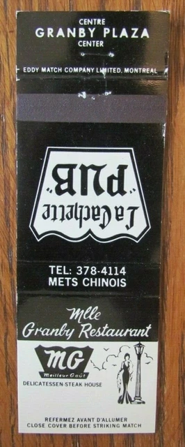 Deli & Chinese Restaurant Matchbook Cover: Mlle Granby Quebec Matchcover -D8