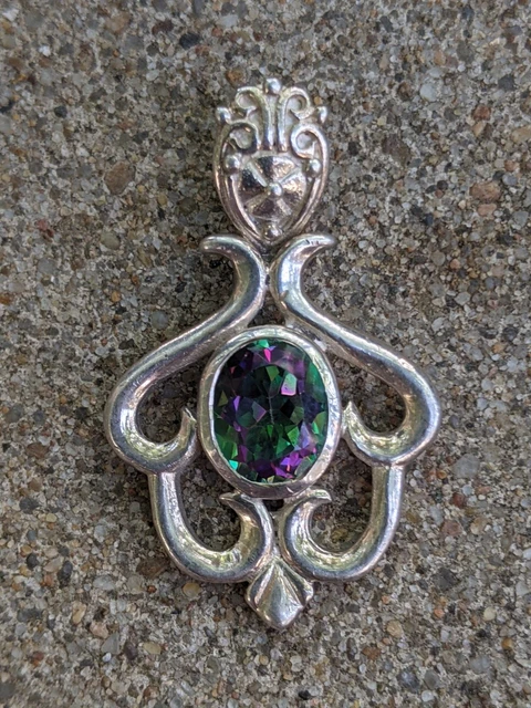 Vintage STERLING SILVER Mystic Topaz Maltese Cross Filigree PENDANT G5
