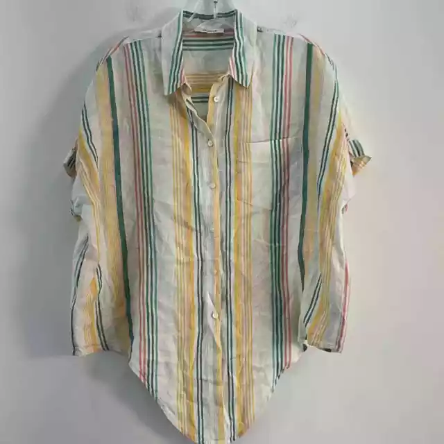 Madewell Yellow Candy Stripe Button Up Boxy Tied Front Linen Top Womens M