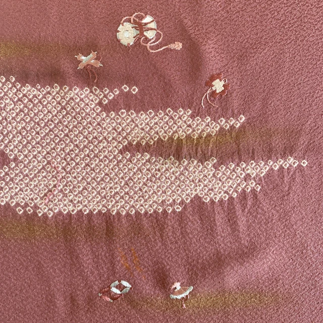 Vintage Japanese Kimono Silk Fabric, Peach Embroidered Long Panel 165cm(65")