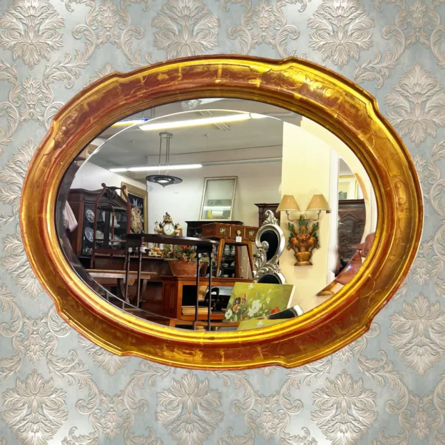 Specchio Specchiera antica vintage in legno dorata cornice ovale con foglia oro