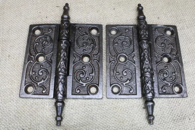 2 Old Door Hinges 3 1/2 X 3 1/2" Antique Steeple Top Vintage Clean Cast Iron Atl