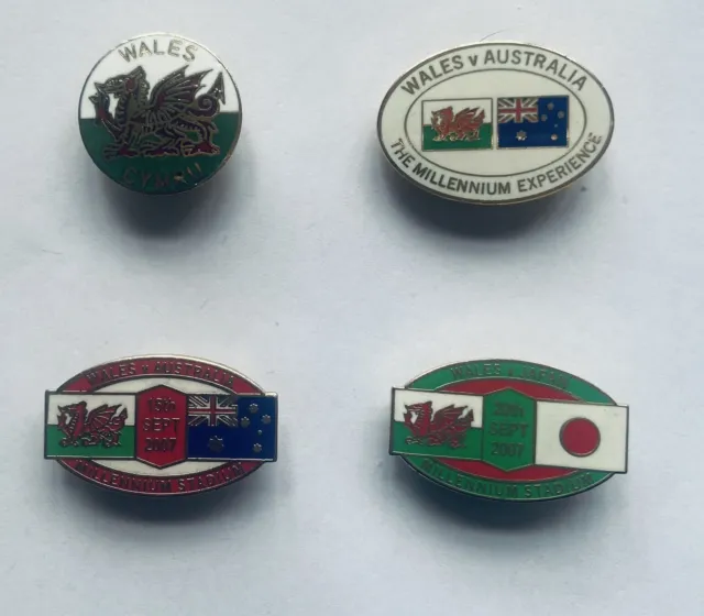 2007+ Four WALES Rugby Union Metal Badges inc 2 World Cup Qualifiers Group B. VG