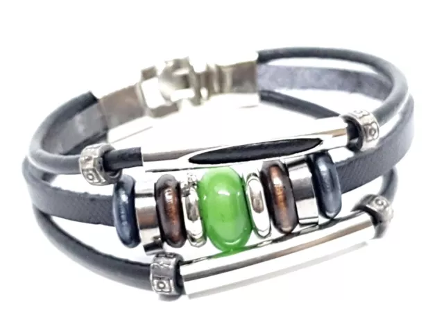 Pulsera de Cuero Vikingo Negro Jade Verde & Madera Cuentas de Metal Cierre...