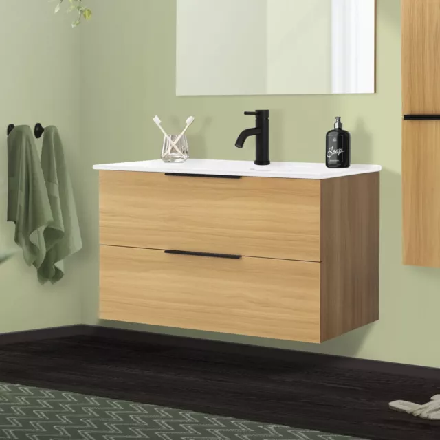 Set mobile da bagno con lavabo mobiletto e lavandino teak chiaro con 2 cassetti