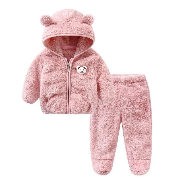 Baby Boys Girls Fleece Snowsuit Hooded Zipper Jacket Coat 2 Pieces Winter Outfit