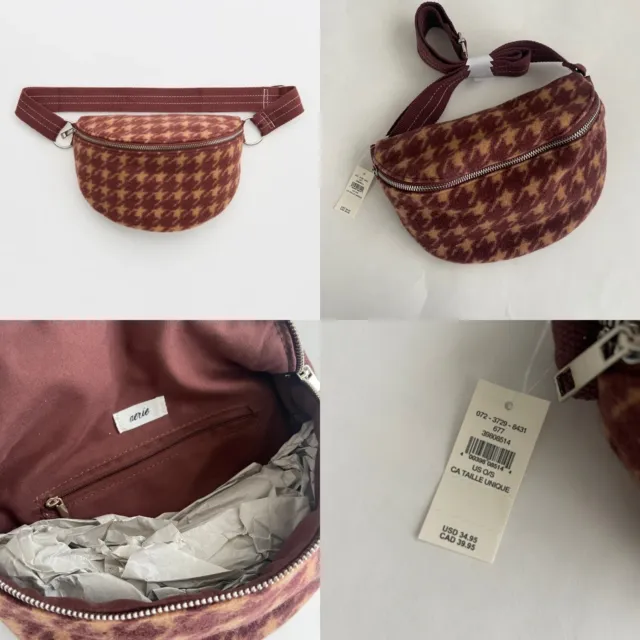 NEW $35 Aerie Women Belt Bag Fanny Pack Brown Houndsttoth Fleece Teen Xmas Gift