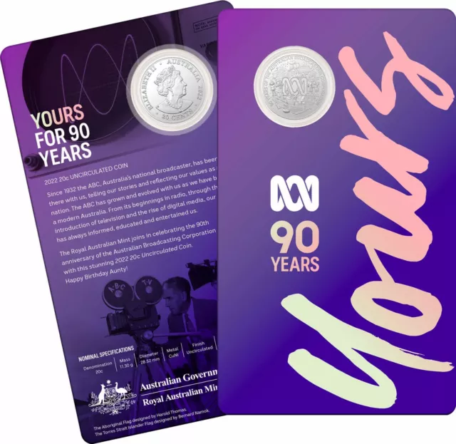 2022 AUSTRALIA 90TH ANNIVERSARY OF THE ABC 20c CENT UNCIRCULATED COIN ON CARD