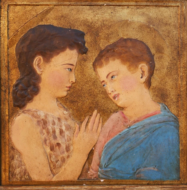 Bas-relief en plâtre sculpté avec cadre en bois noir d'un artiste