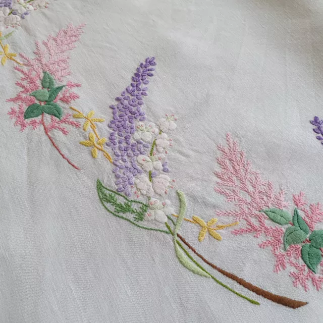 Vintage hand embroidered tablecloth, linen, circle of flowers, 32" stunning work