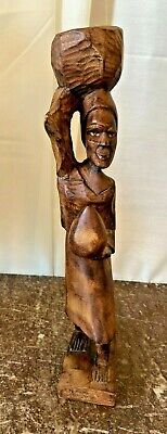 Vintage hand carved wooden female figure w basket on head maybe African tribal