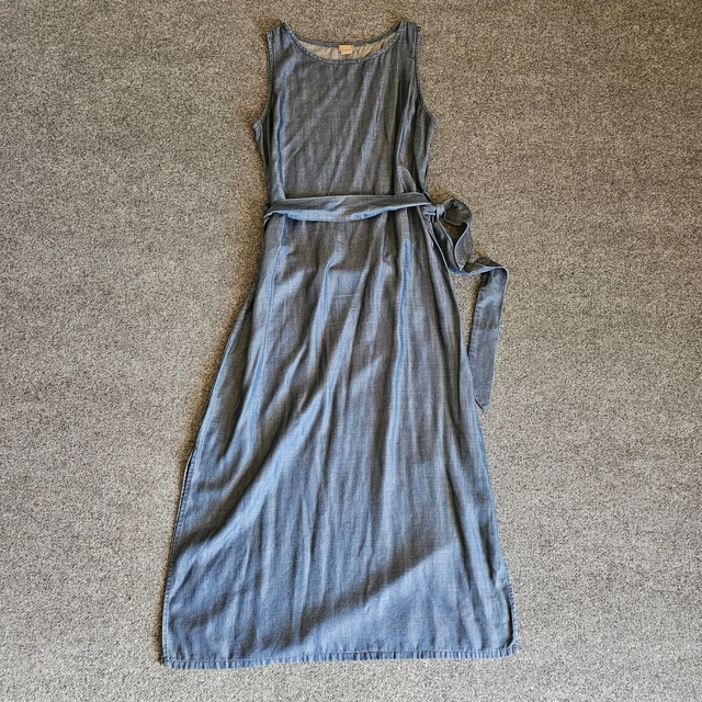 Chicos Dress Size 2 Womens 12 Blue Chambray Denim Sleeveless Maxi Belted Casual
