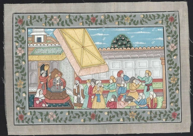 India vintage 20th century Mughal Painting on silk 16.5cm x 23cm