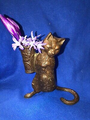 Vtg Cast Bronze 6 1/2” High Figural Standing Cat Cigar Holder (?) Bud Vase (?)