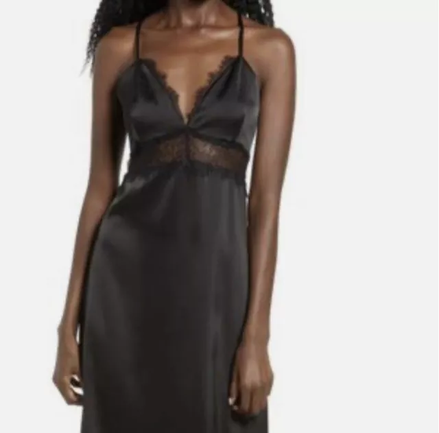 NWT Women’s Wayf Satin Slip Dress with Lace Trim Black Size XS