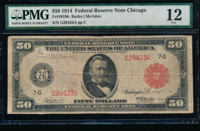 AC Fr 1018b 1914 $50 Chicago FRN red seal PMG 12 rarity, only 14 known! AC Fr 1018b 1914 $50 Chicago FRN red seal PMG 12 rarity, only 14 known!