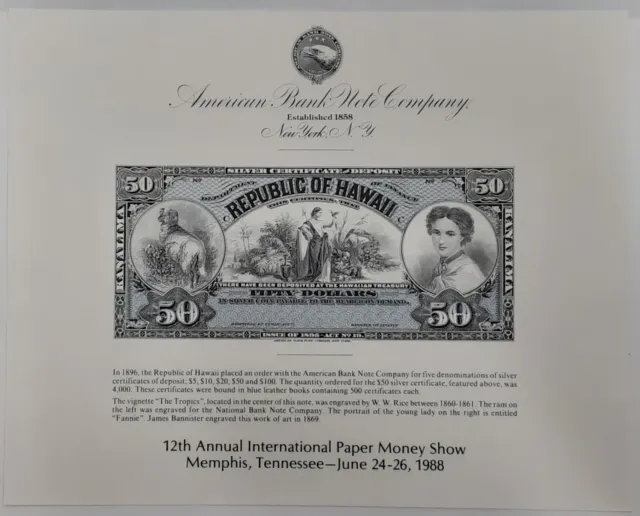 ABNC Souvenir Card 1988 IPMS 1895 $50 Silver Cert Face Republic of Hawaii  SO60