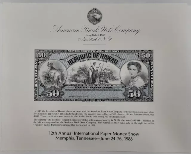 ABNC Souvenir Card 1988 IPMS 1895 $50 Silver Cert Face Republic of Hawaii  SO60
