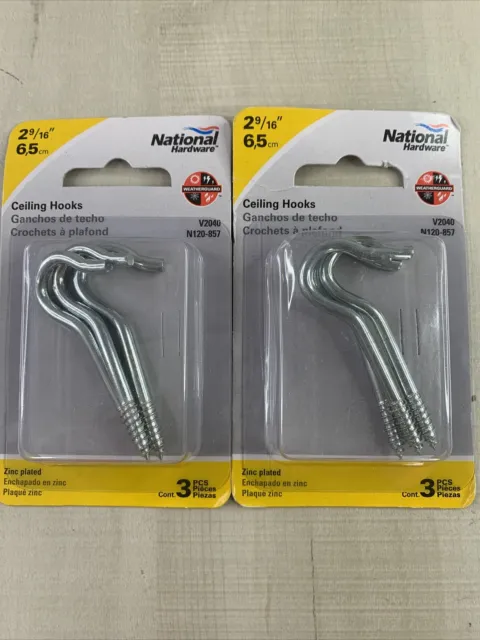 Lot Of 2 (3ct) National Hardware  Zinc Plated #8 Ceiling Hook 2-9/16 in. NEW