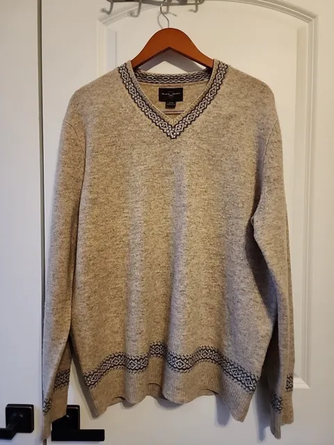 BLACK BROWN 1826 100% Wool Sweater V Neck Mens XL Beige Nordic Trim $19 ...