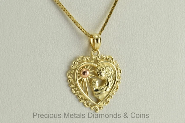14k Yellow Gold Mother & Child Heart w/ Rose Gold Sun Accent Pendant 20" Chain