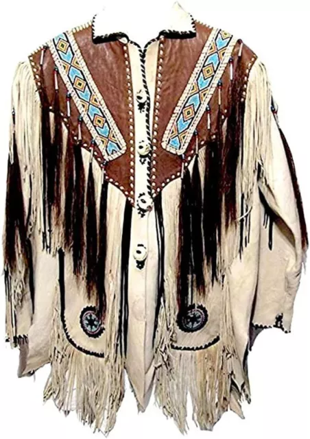 Womens Western Suede Leather Jacket with Bones Beads Fringed