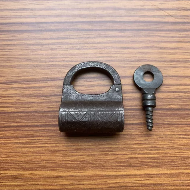 18th C Iron padlock or lock with SCREW TYPE key, antique or old, miniature