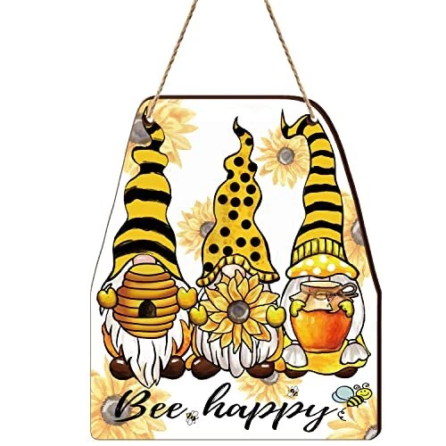 Welcome Sign Spring Summer Wood Sign Holiday Three Gnomes Front Door Bee Happy