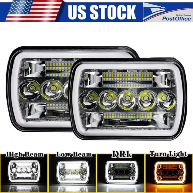 Pair 7x6 5x7inch LED Headlight Hi-Lo Beam Halo DRL For Jeep Cherokee XJ YJ Chevy