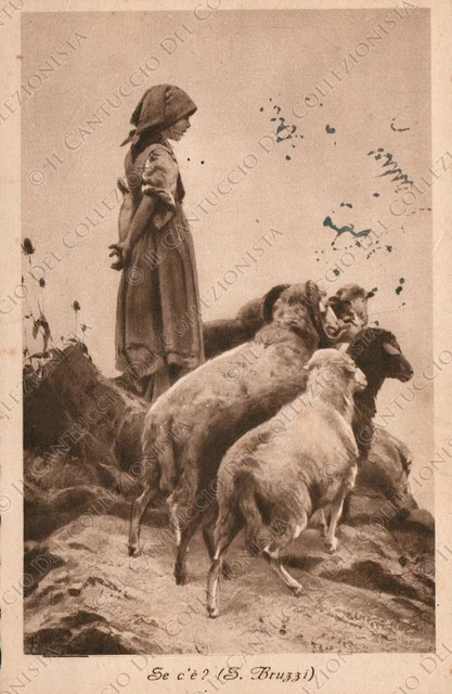 1938 Se c’è? Artista S. BRUZZI Bambina con le pecore ariete animali Cartolina