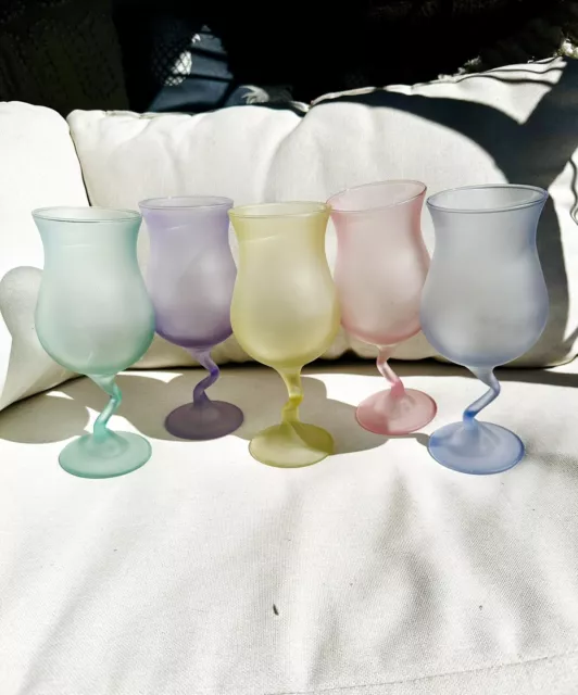 Libbey Wine Glass Zig Zag Stem Vintage Pastel Colors Frosted Glass Goblets 5 Lot