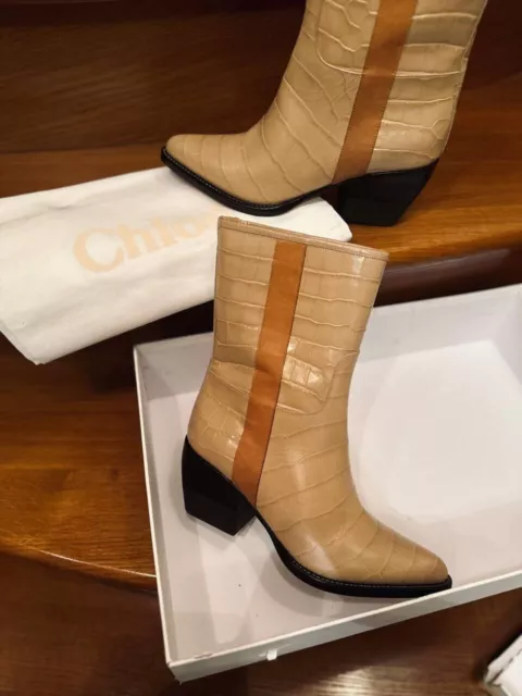 CHLOE VINNY BEIGE Croc Effect Knee High Western Leather Boots UK 4.5 EU 37.5 174.99 PicClick UK