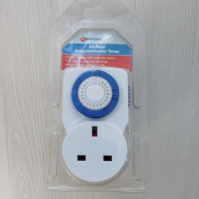 24 Hour Segment Timer Light Switch 13A Compact Energy Saver|UK Mains Plug-White