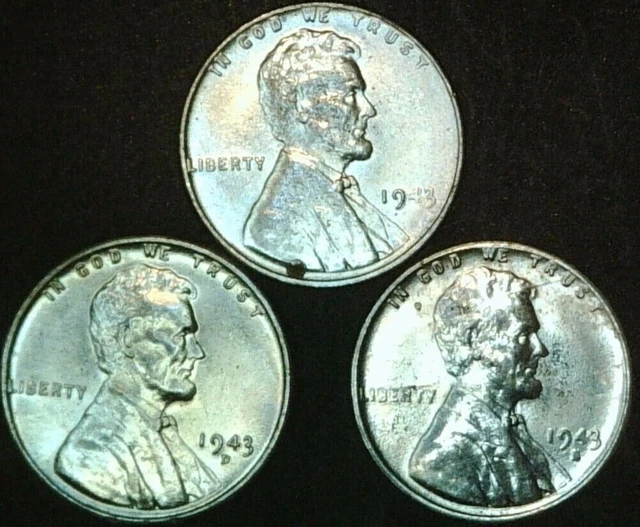 Set of 3 Penny 1943 PDS Mint Lincoln Wheat Cent Coin WWII Steel Lot 2D