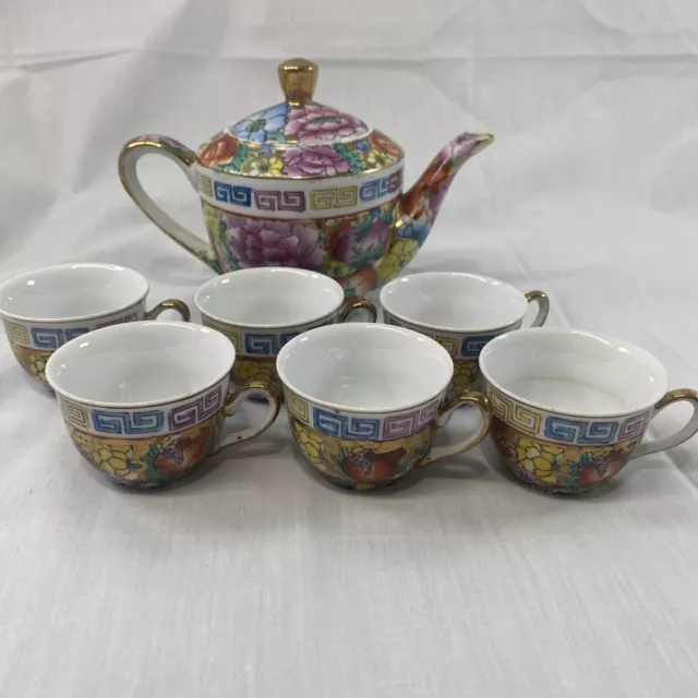 Chinese Milefleur Noire Enamel Tea Set Teapot 6 Tea Cups Floral Miniature