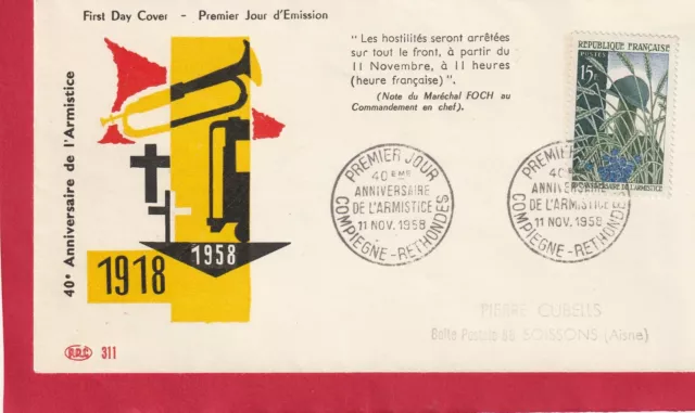 ENVELOPPE  1er JOUR- FDC : 1958 ARMISTICE