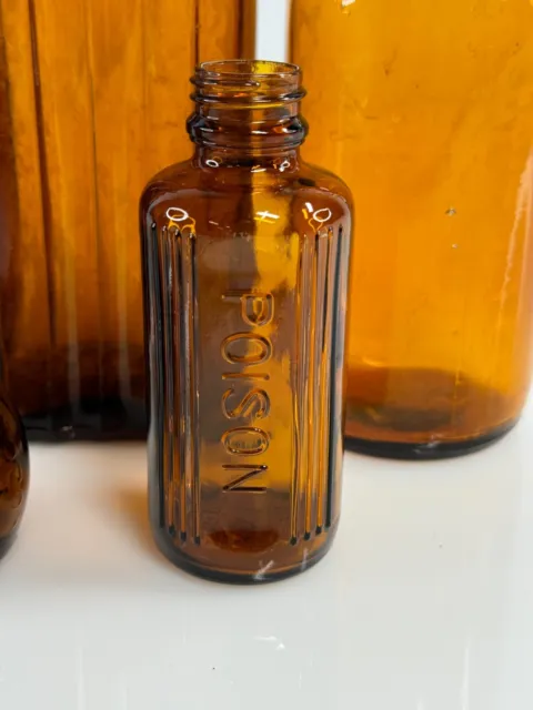 Vintage Old Antique Bottles - Amber Brown Glass - Chemist, Poison,Chemicals - 3