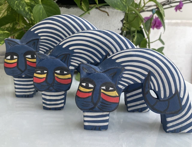 3 Vintage 1980s Hand Painted Carved Laurel Burch Wooden Cat Figurines Indonesia