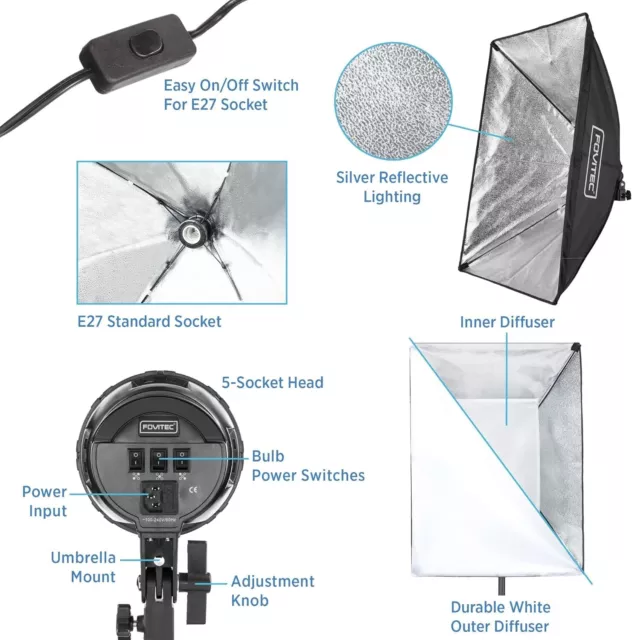 2500W 3-Light SoftBox Kit with Boom Arm, Photography Lighting, Video Lighting UK 2