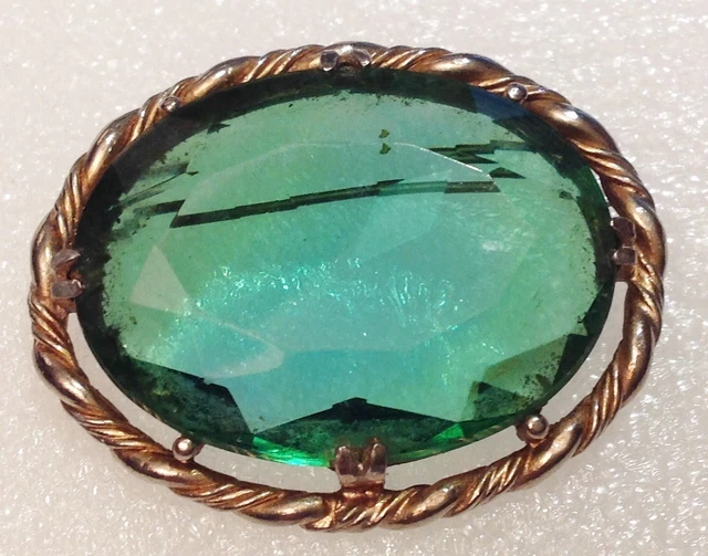 Broche Vintage Années 50/60 - Cabochon De Verre Taillé Bleu Marbré, Couleur Or, Très Bon état
