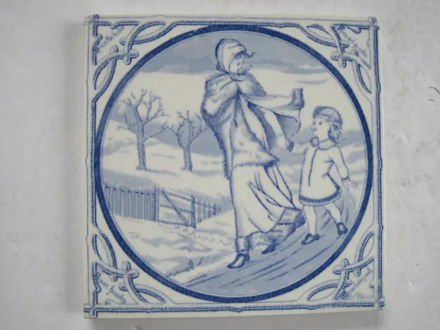 Antique Victorian Malkin Edge Seasons "Winter" Blue Transfer Print Tile C1880